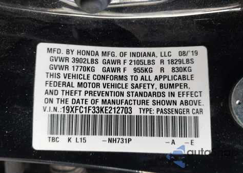 2019 Honda Civic Ex z USA, uszkodzony, nr VIN 19XFC1F33KE212703